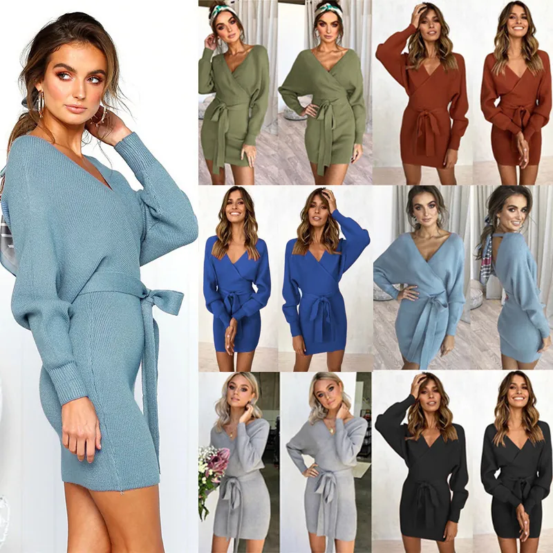 Women Sexy V Neck Ribbed Knit Dress Long Sleeve Wrap Bodycon Tie Waist Mini Dress Autumn Winter Polyester Party Dress