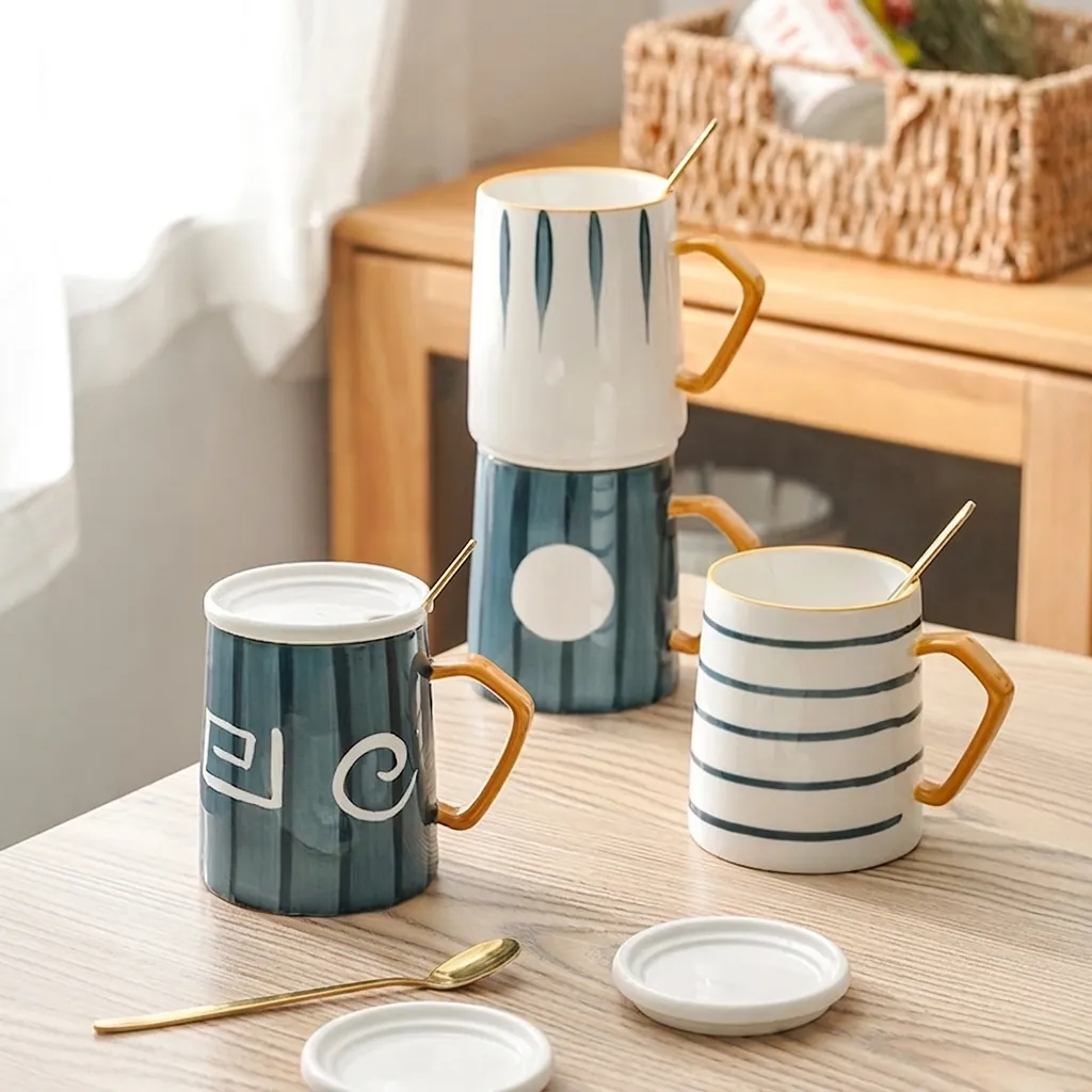Japanische Handbemalte Keramiktasse Mit Deckel Und Löffel Kreative Kontrastfarbene Geometrische Henkel Kaffee Milch Tasse