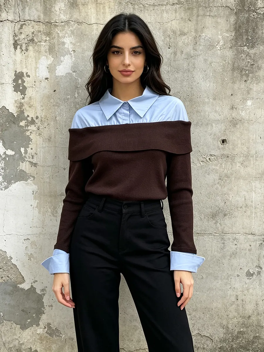 Women Elegant Casual Fake Two-Piece Knit Top Contrast Color Patchwork Shirt Collar Sweater Slim Pullover Long Sleeve Top