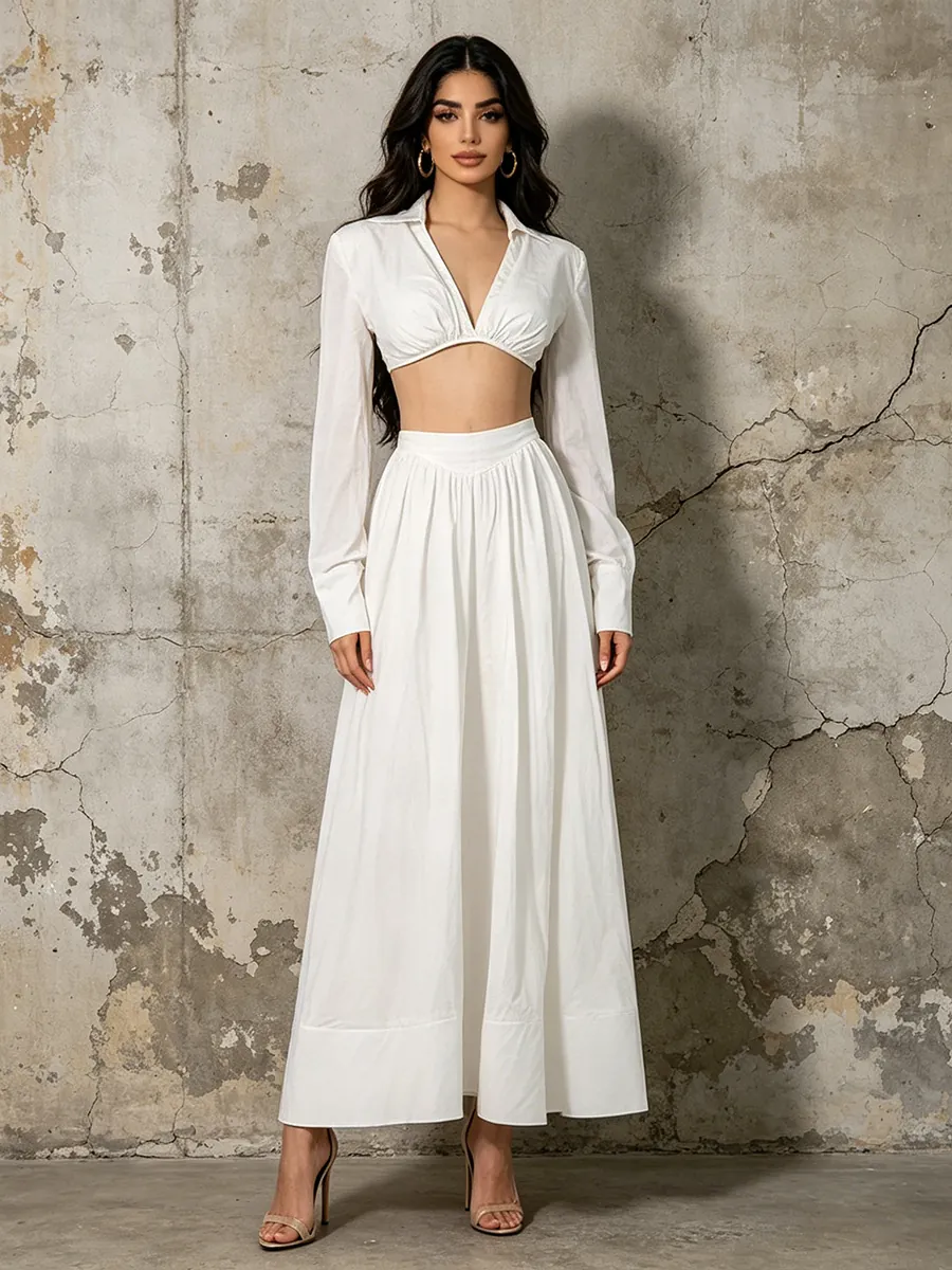 Ensemble Deux Pièces Sexy Blanc pour Femmes Crop Top Manches Longues Col V Profond et Jupe Longue Plissée Taille Haute