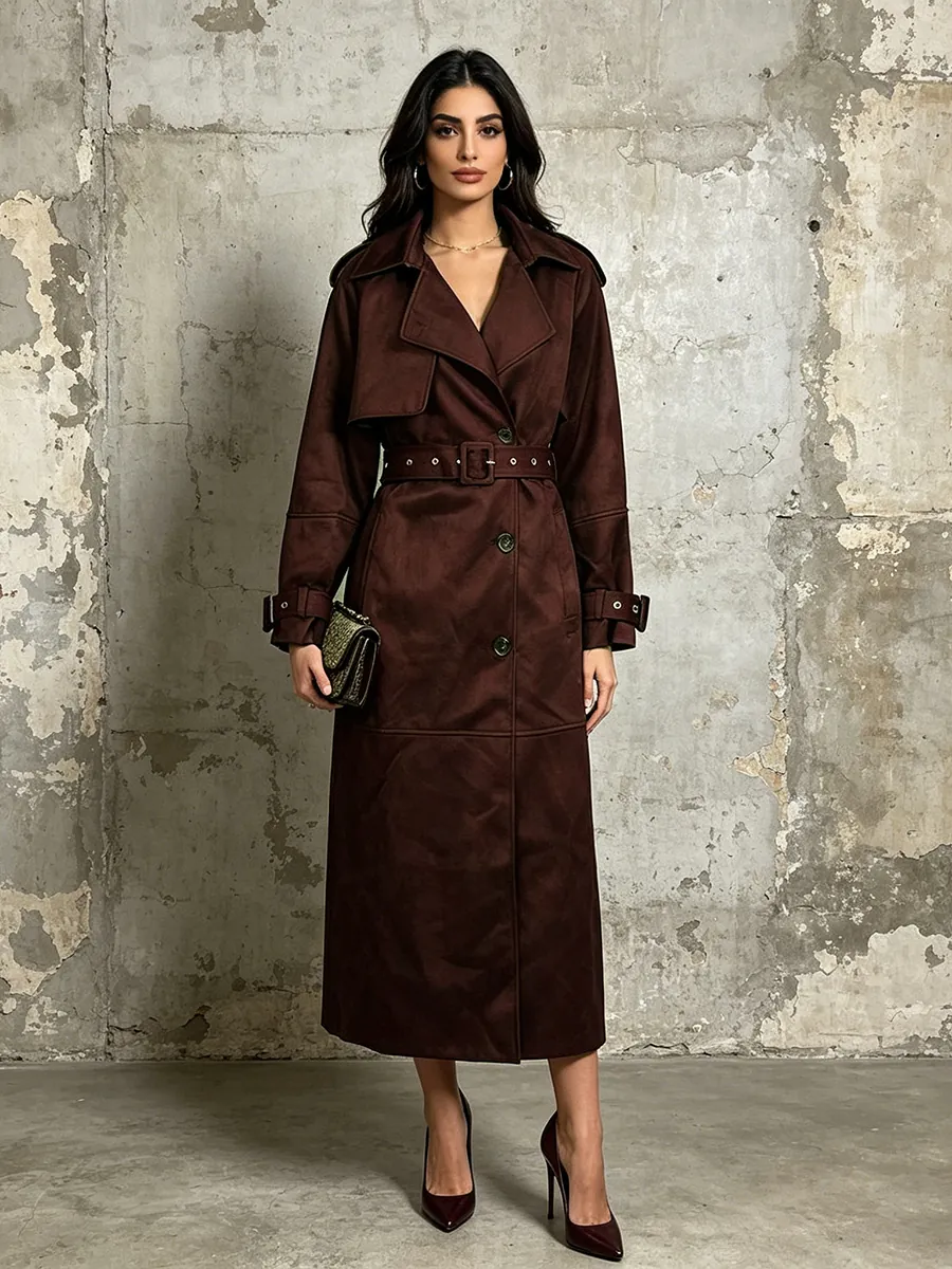 Women Elegant Polyester Solid Color Mid-Length Trench Coat With Belt Lapel Long Sleeve Loose Fit Autumn Winter Outerwear Top