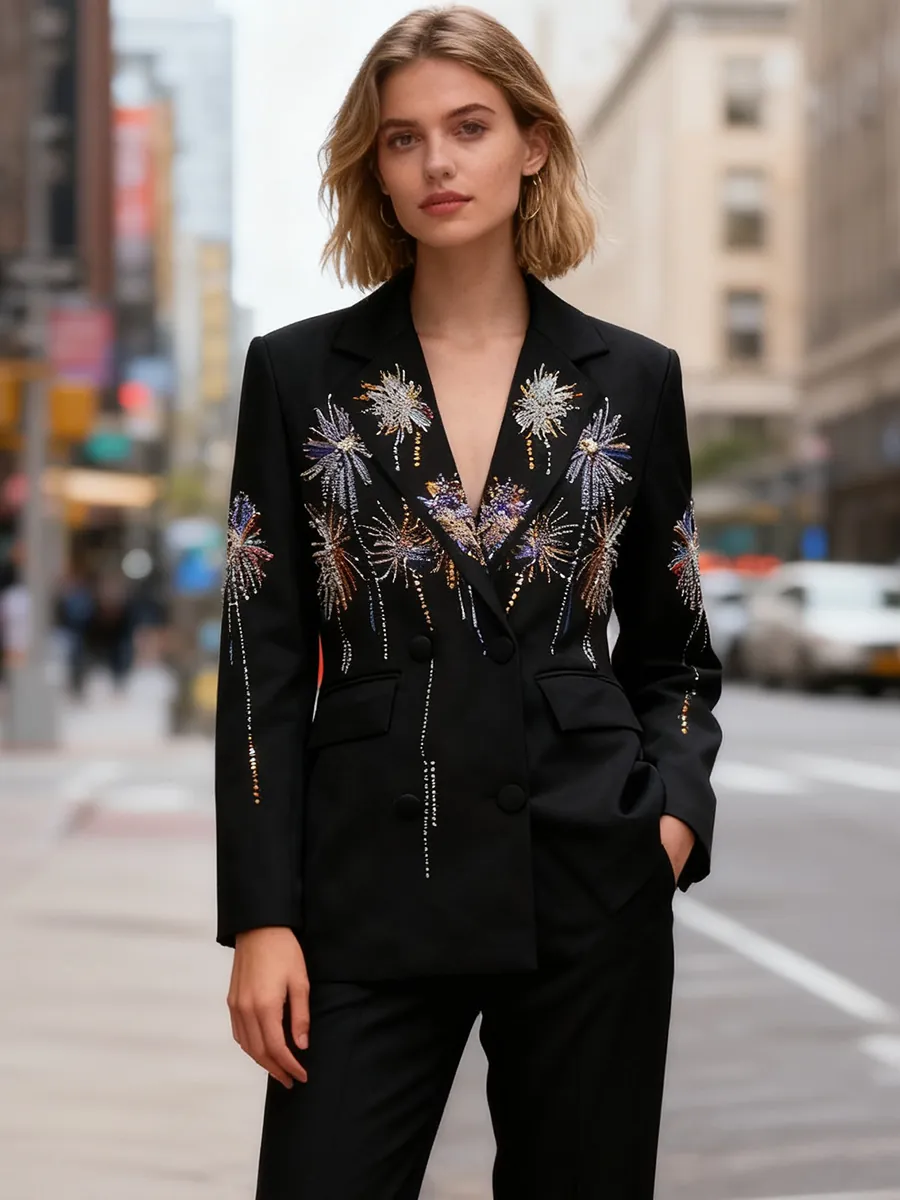 Blazer de Mode pour Femmes Paillettes Motif Feux d'Artifice Col en V Veste de Costume à Double Boutonnage Streetwear