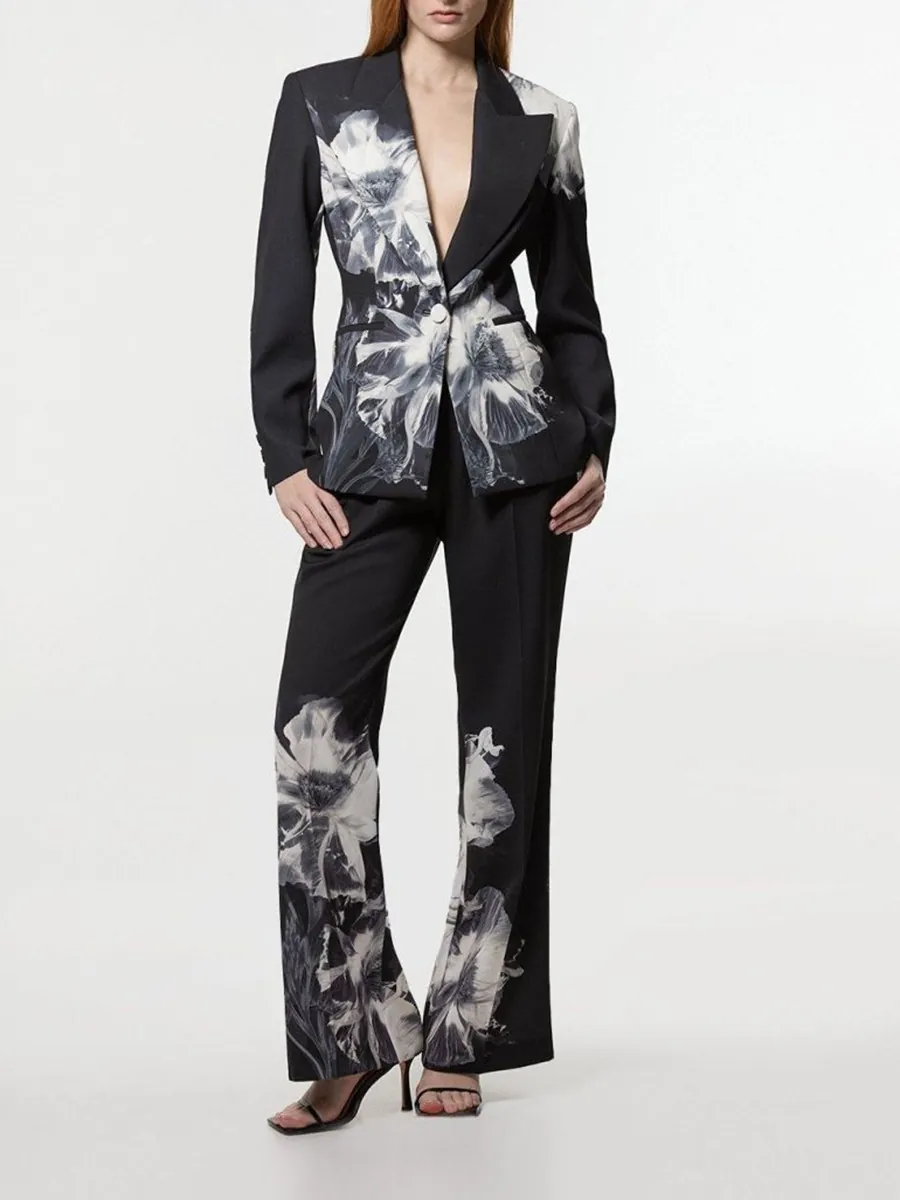 Women Elegant Floral Print Blazer and Pants Set Fashion Asymmetric V-Neck Long Sleeve Suit for Commuting Casual Wear