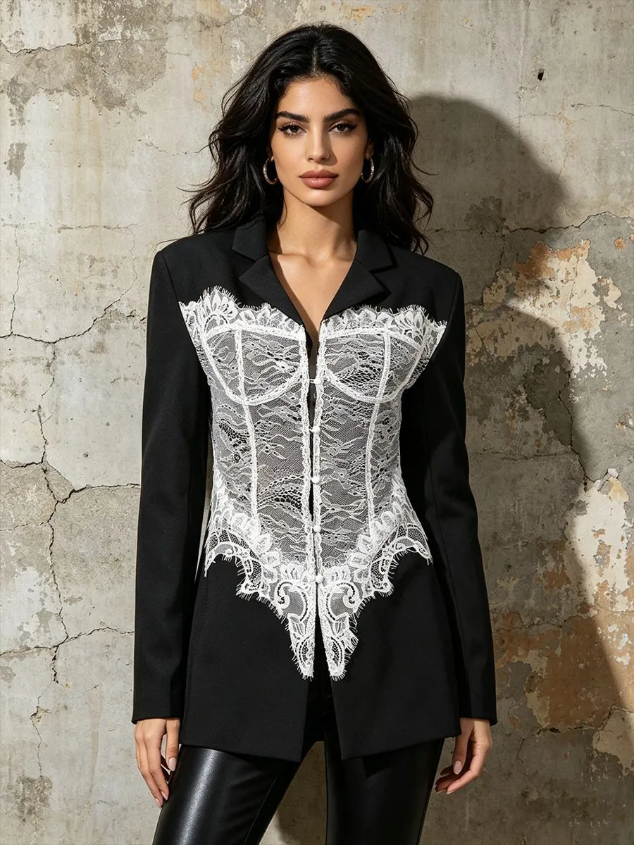 Blazer Patchwork en Dentelle pour Femmes Coupe Ajustée Manches Longues Col en V Bouton Contraste Bureau Veste Top