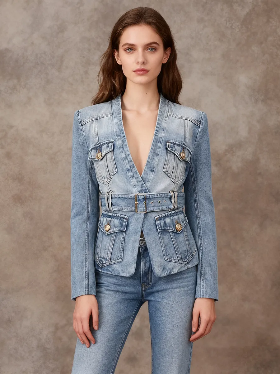 Women Distressed Denim Blazer Jacket Washed Blue Long Sleeve With Belt Retro Lion Buttons Fashion Streetwear Outerwear Top