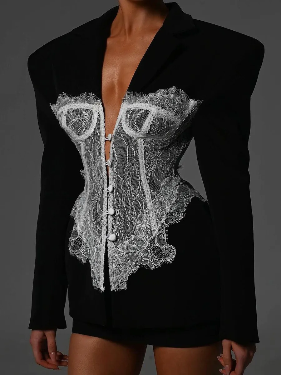 Elegant Lace Patchwork Boned Corset Waist Blazer For Women V-Neck Long Sleeve Slim Fit Celebrity Style Plain Suit Jacket