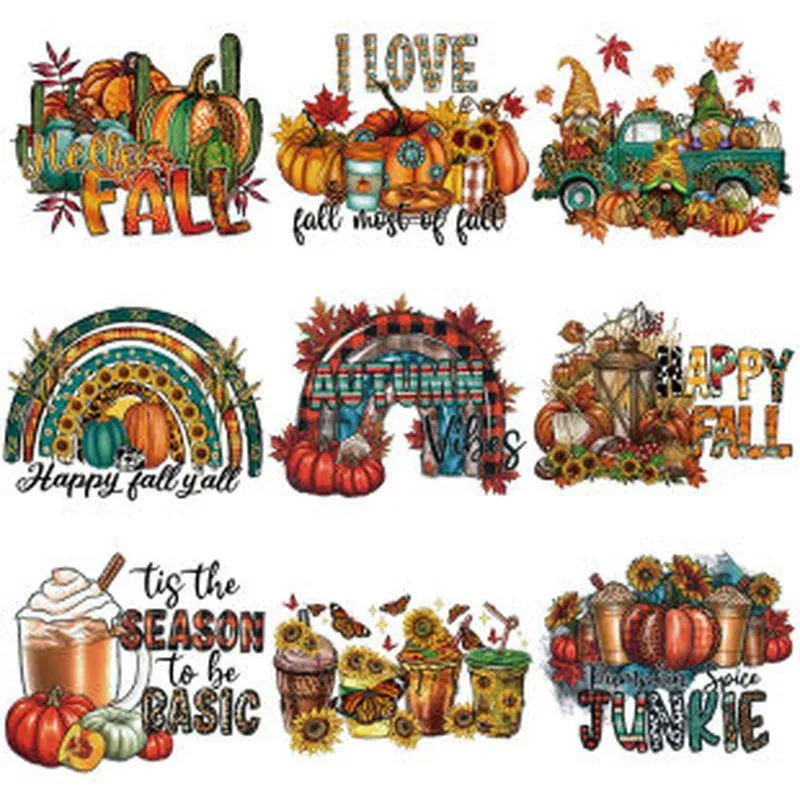 Thanksgiving Pumpkin Heat Transfer Patches Autumn Vibes Leopard Print Iron On Stickers For Clothing DIY T-Shirt Appliques Fall Gnomes Pumpkin Spice Junkie Designs