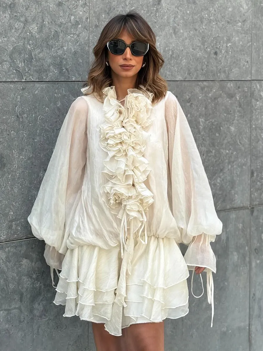 Franse Vintage Zoete Chiffon Mini-Jurk Met Rufflerand En Strikdetail Effen Kleur Lange Mouw V-hals Polyester Katoen Gesplitst Jurk Voor Vrouwen Zomer