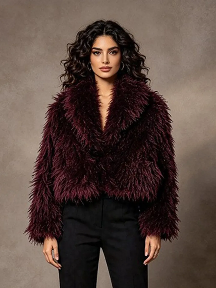 Dames Elegante Wijnrode Imitatiebont Jas Socialite Dikke Ruige Korte Jas Luxe Open Voorzijde Lange Mouw Winter Bovenkleding