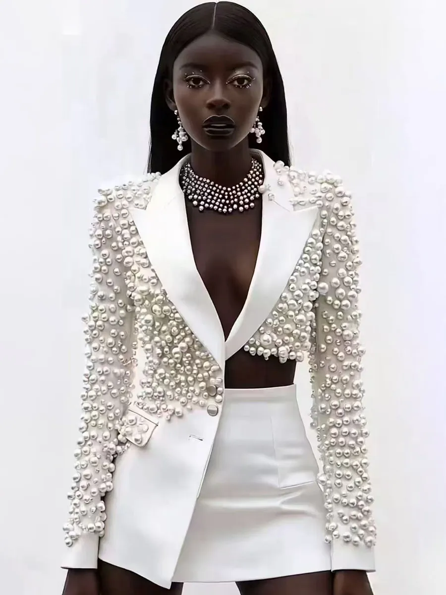 Completo Gonna Donna con Blazer Irregolare e Perline Artificiali Scollo a V Profondo e Gonna Mini Elegante
