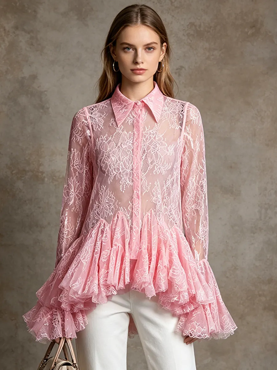 Französischer Stil Damen Spitze Transparent Hemdkleid Rüschen Unregelmäßiger Saum Einfarbig Langarm Revers Mini Kleid Für Party