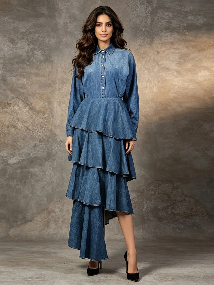 Vintage Denim Layered Skirt and Long Sleeve Shirt Two Piece Set Elegant Retro Blue Patchwork Skirt Set for Women Casual Outfits