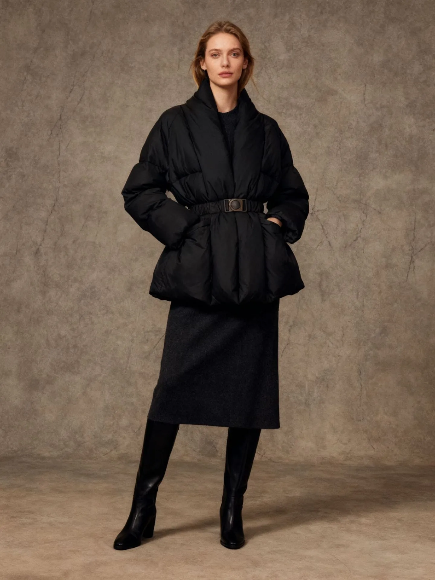 Chaqueta Acolchada de Algodón de Color Sólido Elegante para Mujer Con Cinturón Cintura Ajustada Abrigo Puffer Casual Largo Manga Silueta