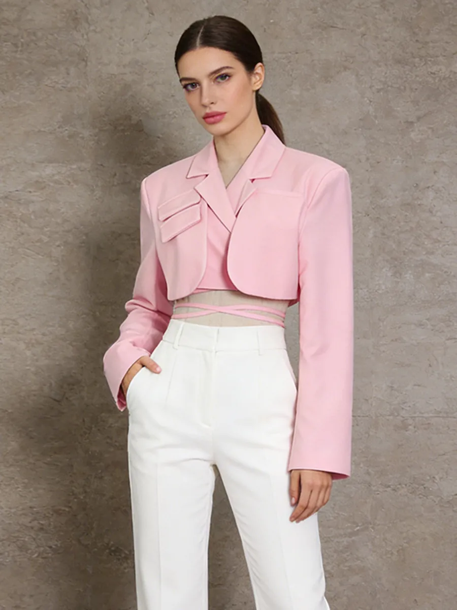 Women Korean Fashion Girl Group Style Cropped Pink Blazer Jacket Polyester Solid Color Slim Fit Waist Lacing Suit Top Outerwear