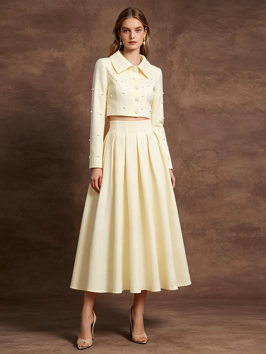French Retro High-End Women Top And Bottom Polyester Cotton Pearl Embellished Short Jacket And High Waist Pleated Maxi Skirt Celebrity Style Elegant Outfit