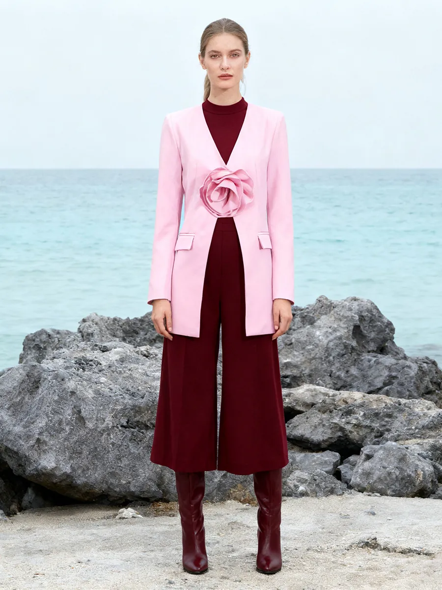Elegant Women Cotton Blend 3D Flower Blazer Slim Fit Open Front Suit Jacket V-Neck Long Sleeve Outerwear For Autumn