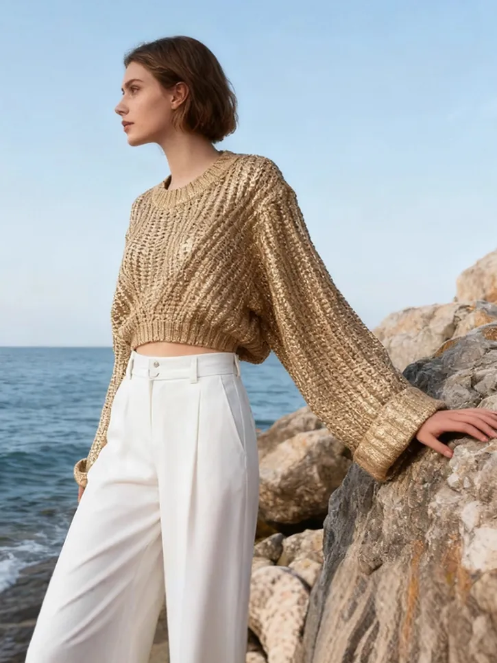Elegant Women Long Sleeve Cropped Sweater Solid Color Metallic Texture Cotton Polyester Knit Top Round Neck Loose Pullover
