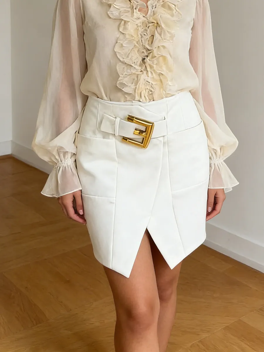 Women Elegant Vintage High Waist Bodycon Skirt With Metal Buckle Belt Sexy Front Slit Polyester Slimming Mini Skirt