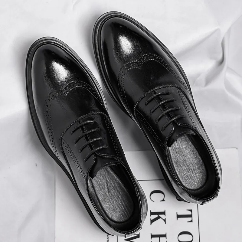 Men's Brogue Height Increasing Leather Shoes Breathable Business Formal Wedding Shoes 6cm 8cm Elevated Dress Shoes Black