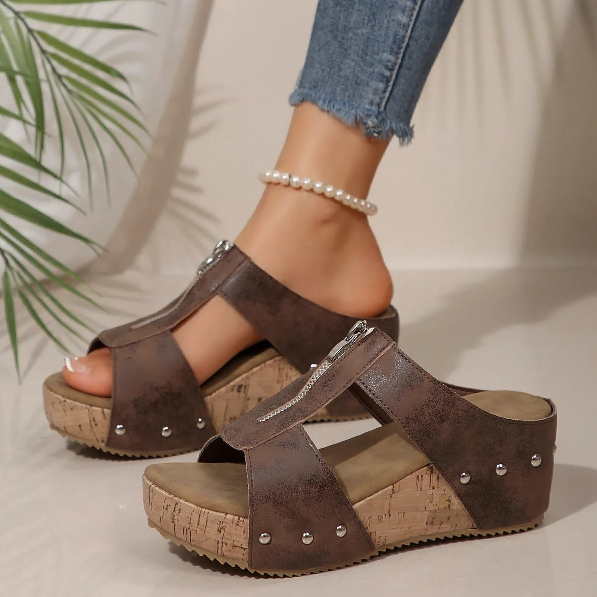 Women Wedge Sandals Peep Toe Platform Rivet PU Leather Casual Summer Large Size Bohemian Retro Cork Sole Mules Sandals