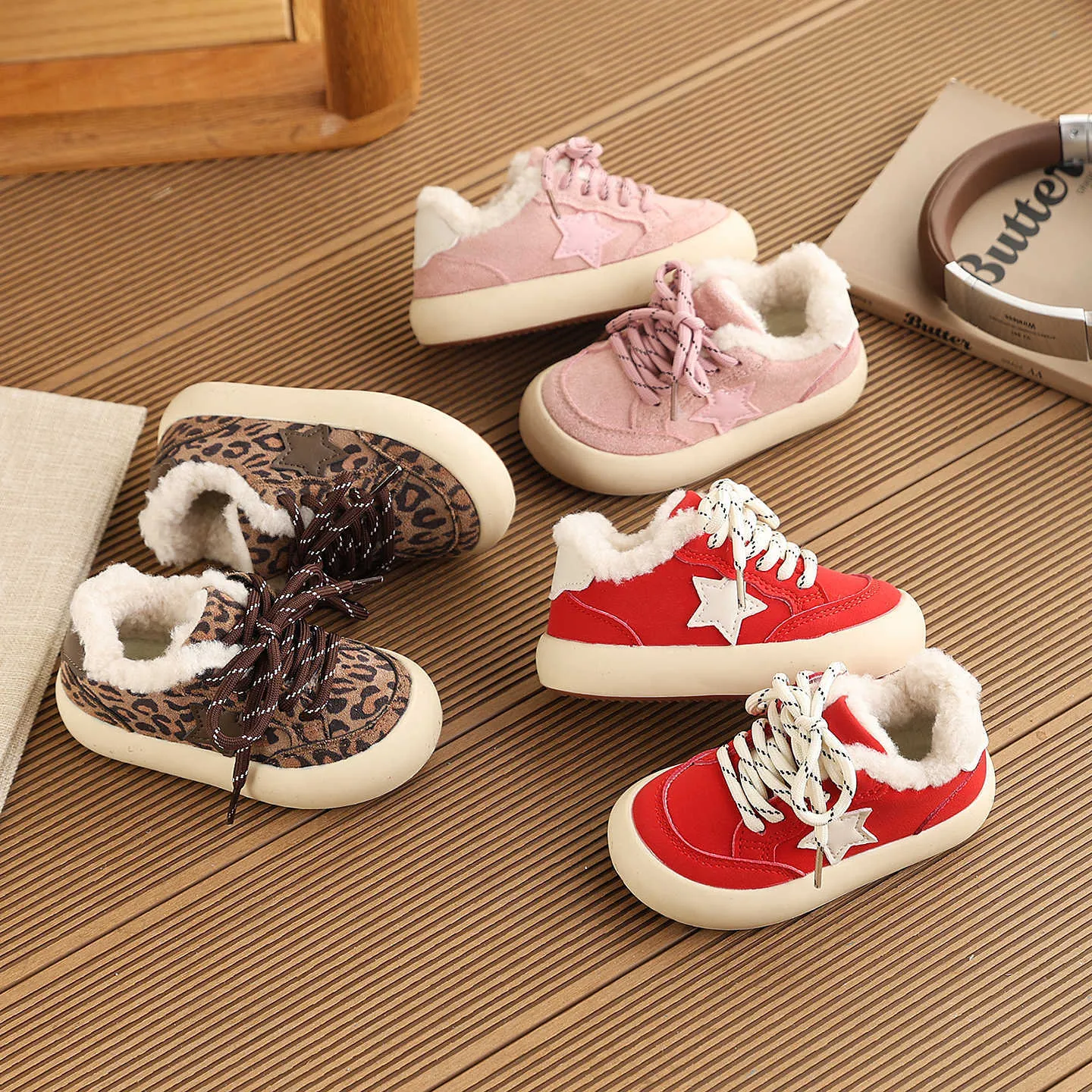 Kids Fleece Lined Sneakers Korean Fashion Star Leopard Print Thick Sole Warm Winter Casual Shoes For Boys Girls