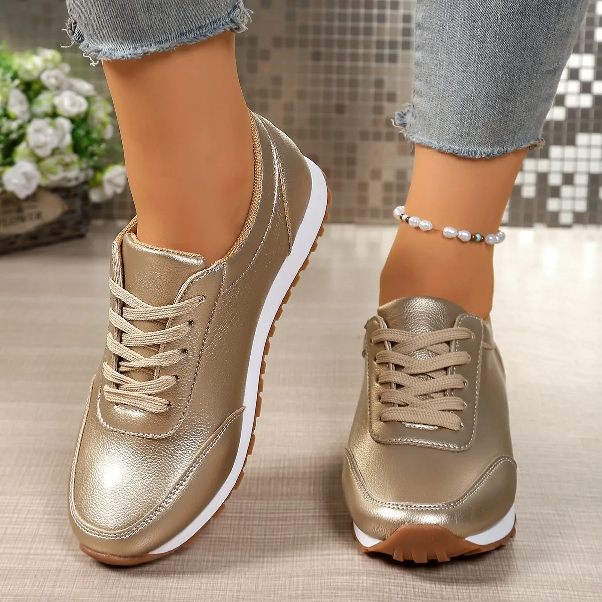Γυναικεία Μεταλλικά Συνθετικά Δερμάτινα Sneakers Πλατφόρμα Στρογγυλή Μύτη Με Κορδόνια Παπούτσια Πεζοπορίας με Χοντρή Σόλα