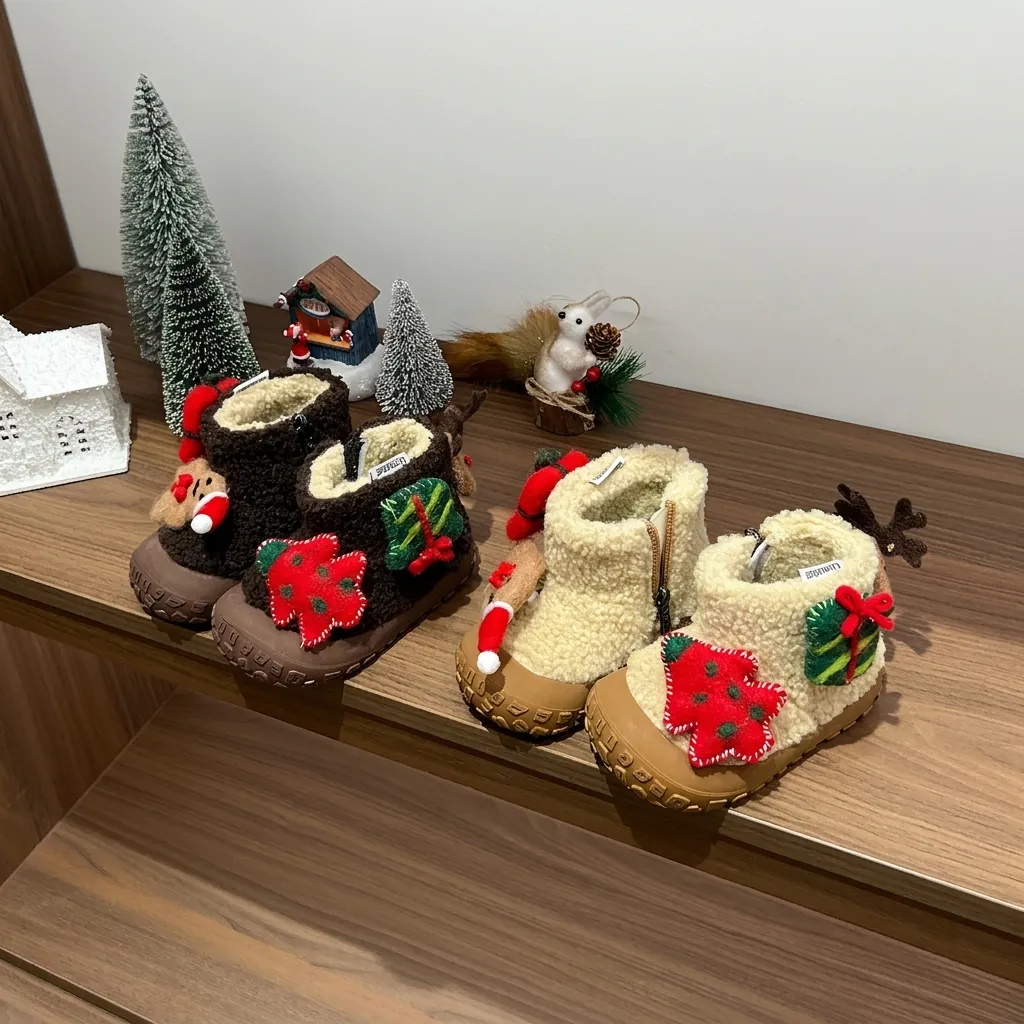 Kinder Weihnachten Schneestiefel Kleinkind Lammwolle Warm Plüsch Gefüttert Winterschuhe Jungen Mädchen Rutschfest Gummisohle Reißverschluss