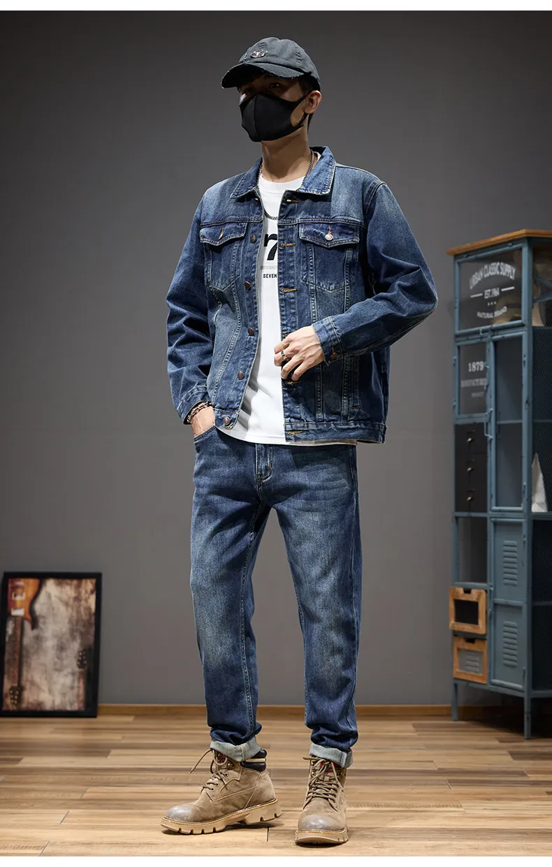 Men Casual Denim Suit Set Washed Blue Denim Jacket And Straight Leg Pants Autumn Fashion Two Piece Outfit For Men
