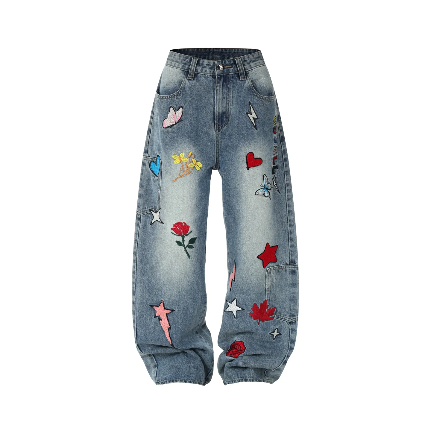 Men Women American Street Style Heavy Embroidery Denim Jeans Loose Straight Dopamine Butterfly Star Graphic Blue Long Pants