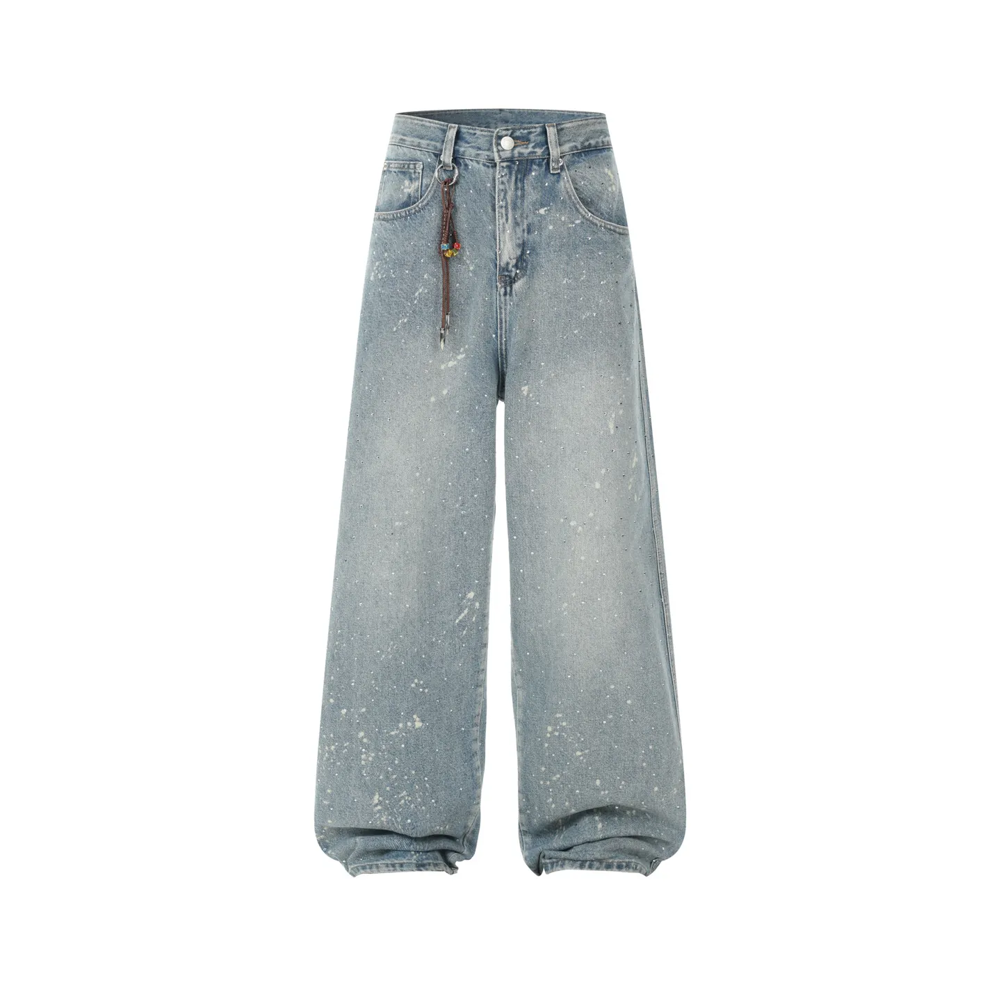 American Vintage Washed Blue Ink Splash Rhinestone Wide Leg Jeans Men Women Loose Straight Streetwear Denim Pants