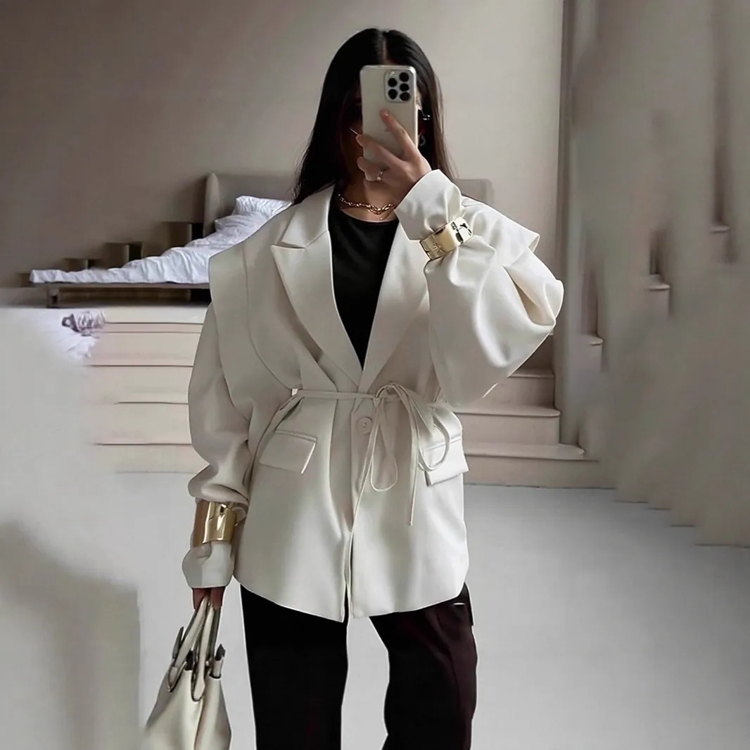 Giacca Blazer Elegante da Donna Con Scollo a V e Cintura Sottile Vestibilità Slim Stampa Floreale Manica Lunga Autunno