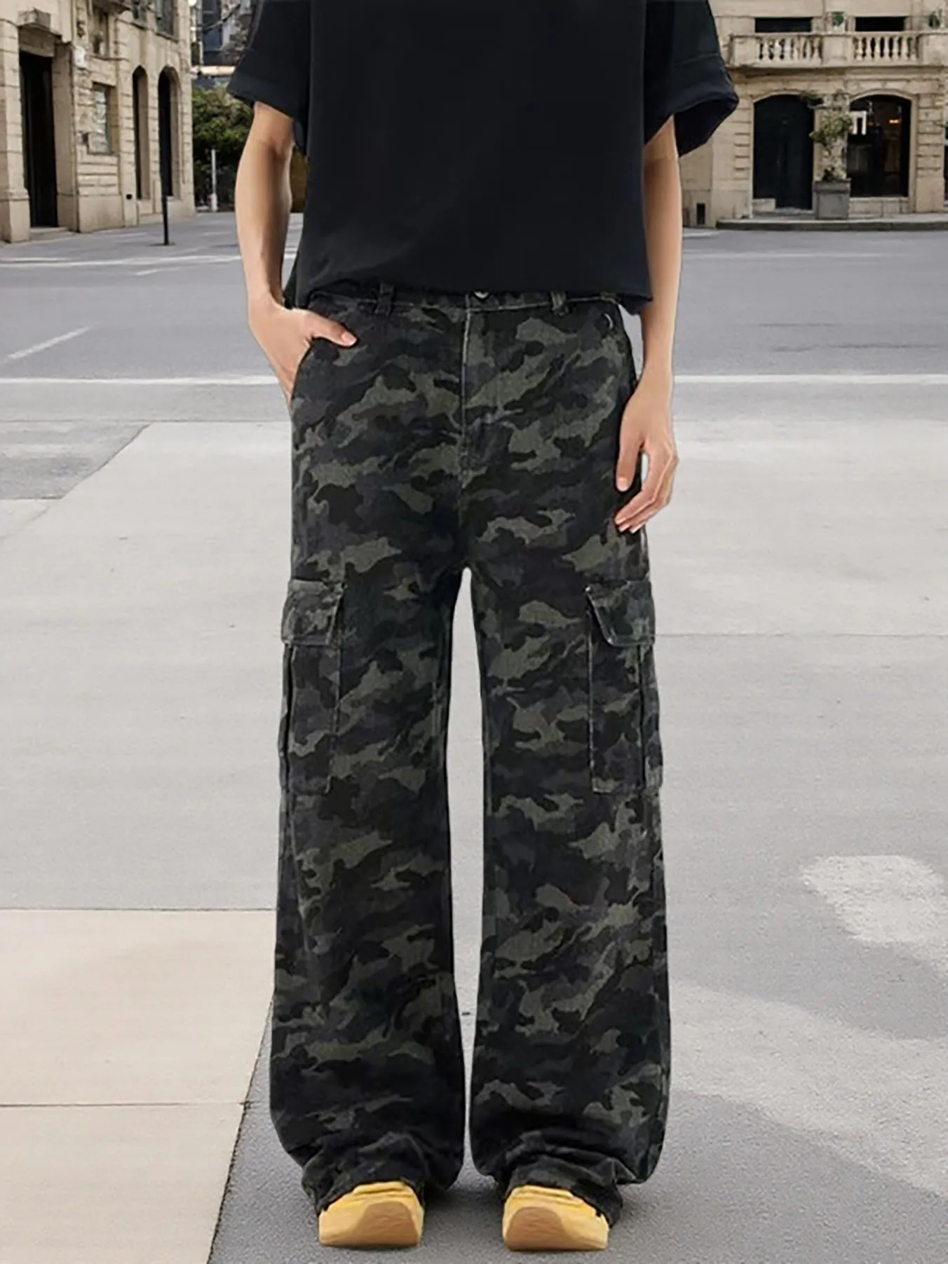 Men's American Hip-Hop Camouflage Cargo Jeans Wide Leg Straight Loose Cotton Wash Multi-Pocket Denim Bottom
