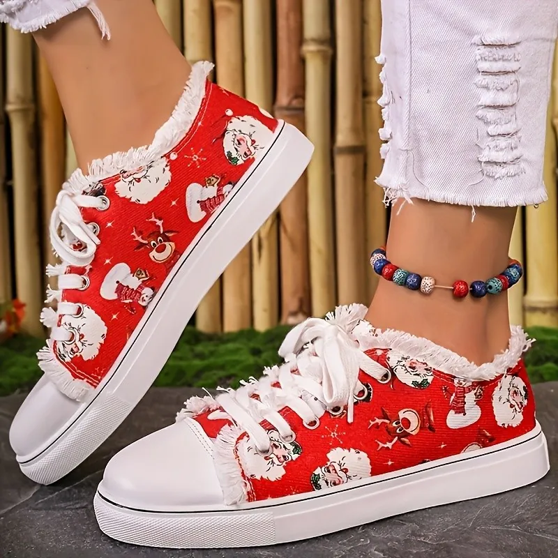 Women Christmas Santa Claus Print PU Canvas Shoes Lace Up Fringed Edge Flat Shoes Red Cartoon Reindeer Pattern Low Top Casual Sneakers