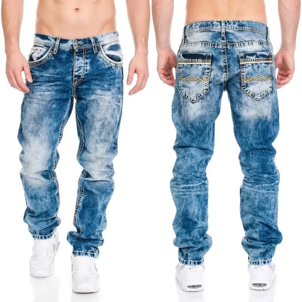 Men's Hip Hop Straight Leg Jeans Vintage Washed Denim Pants Embroidered Multi-Pockets Retro Streetwear Baggy Trousers