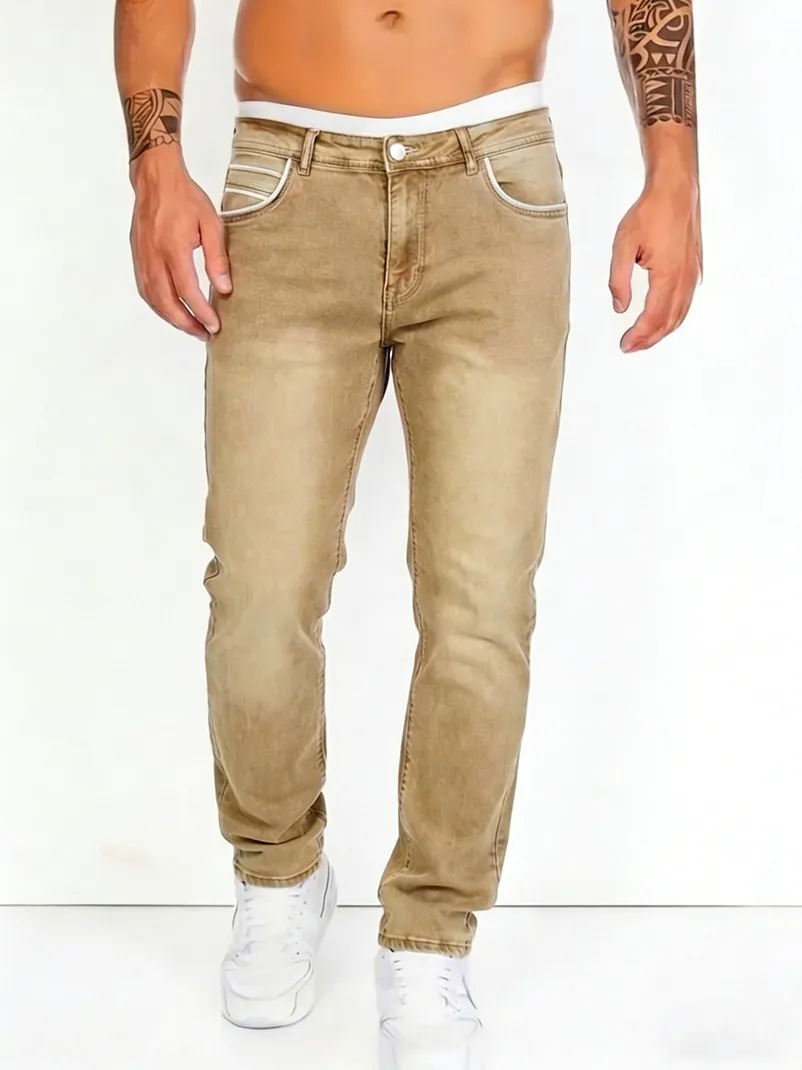 Men Hip Hop Straight Leg Jeans Stretch Denim Classic Multi-Pocket Sand Washed Streetwear Casual Cotton Blend Pants