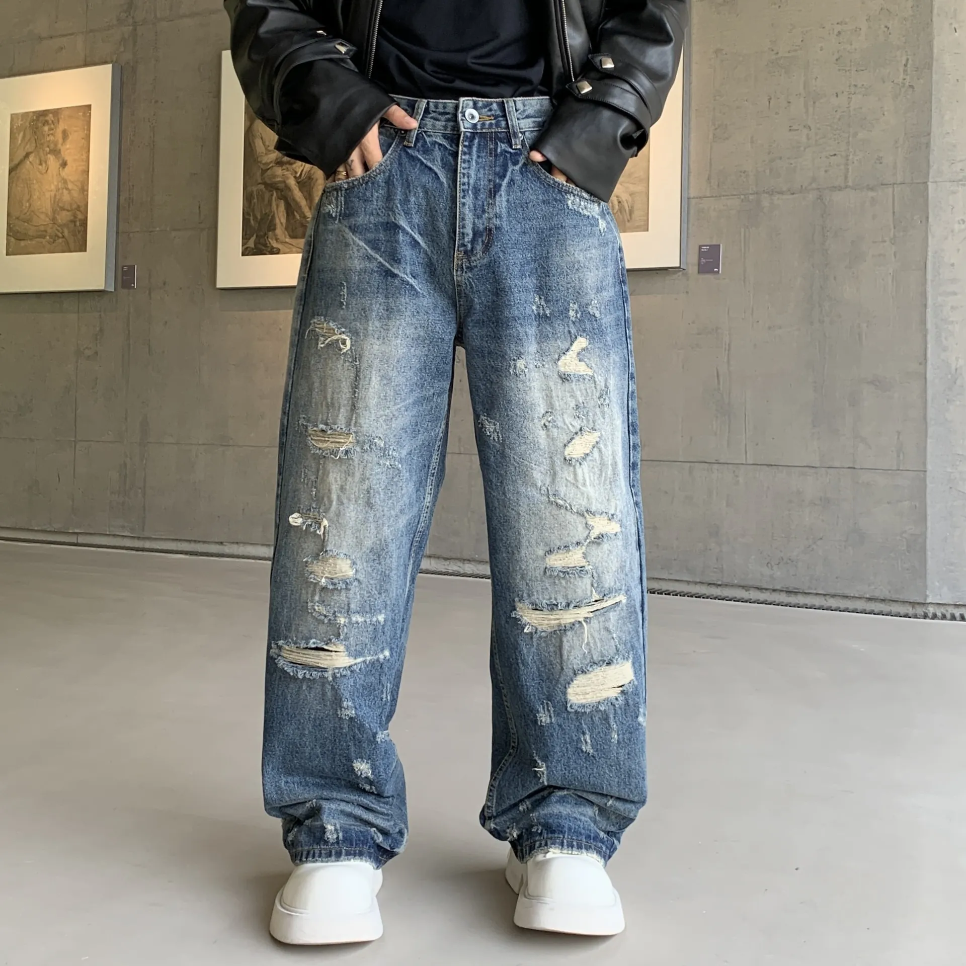 Herren Locker Gerade Gewaschenes Blau Jeans Distressed Faux Loch Streetwear Denim Hose Niedrige Taille Lange Hose