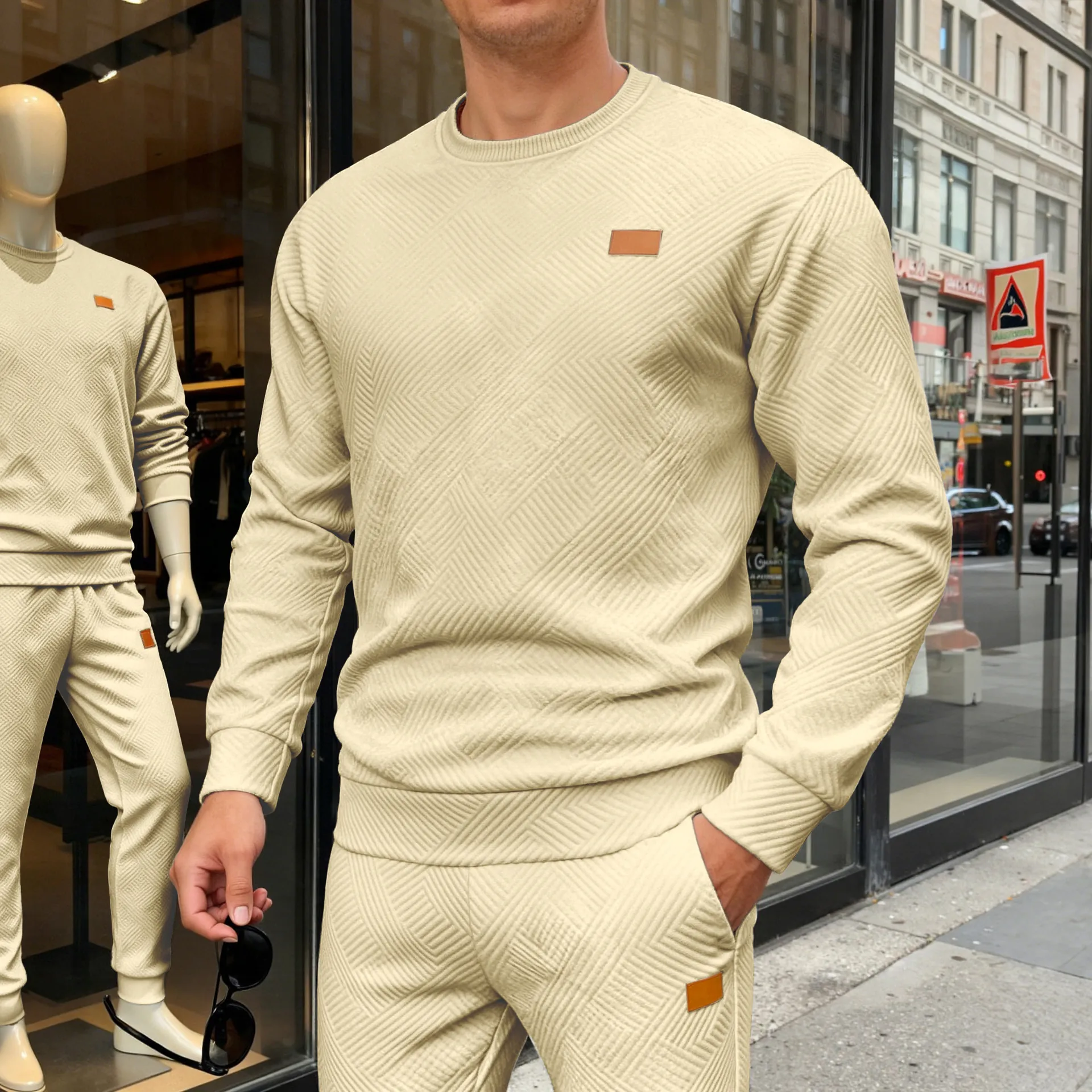 Herren Casual Rundhals Sweatshirt Texturiertes Gewebe Einfarbig Langarm Locker Mode Pullover Für Outdoor Herren Top