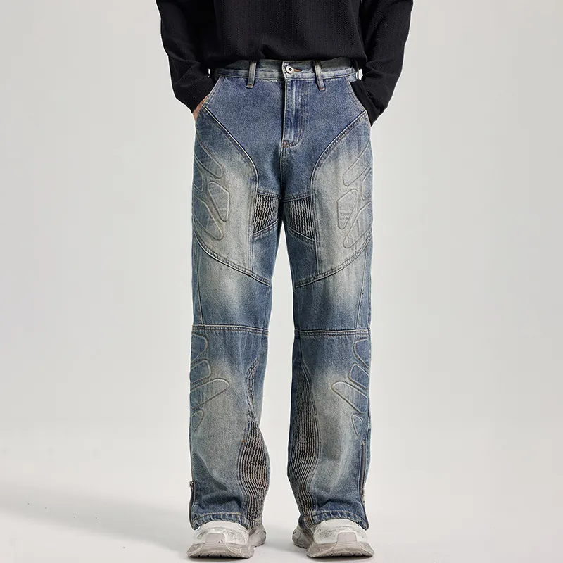 Ανδρικό Heavyweight Washed Denim Jeans Ρετρό Μπλε Πάτσγουορκ Ίσια Φαρδιά Γραμμή High Street Biker Style Casual Παντελόνι