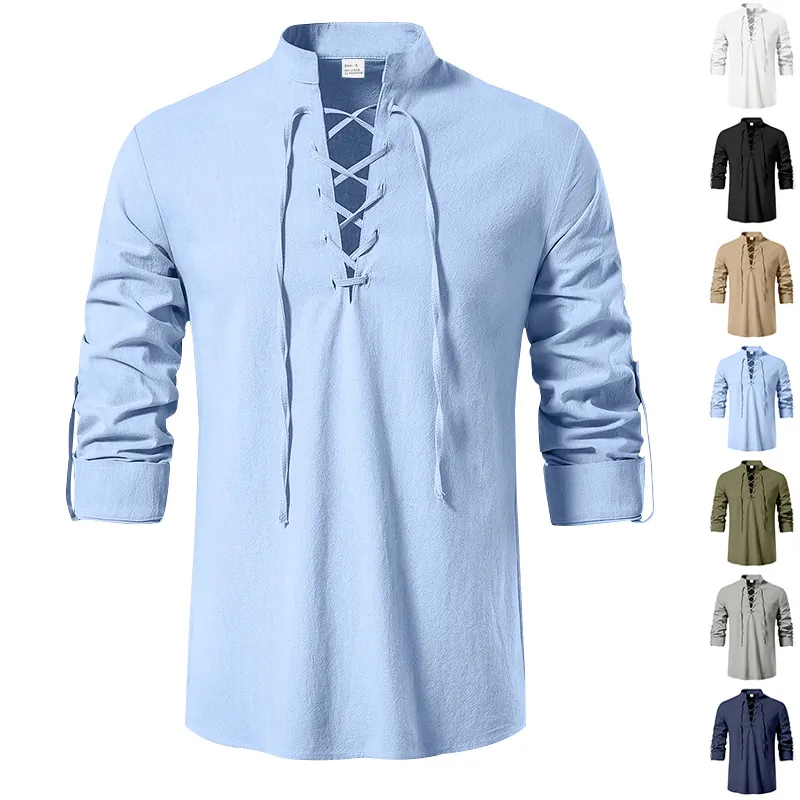 Chemise de Pirate Médiévale de la Renaissance pour Hommes en Lin Coton à Lacets Col en V Manches Longues Rétro Décontracté Costume de Viking