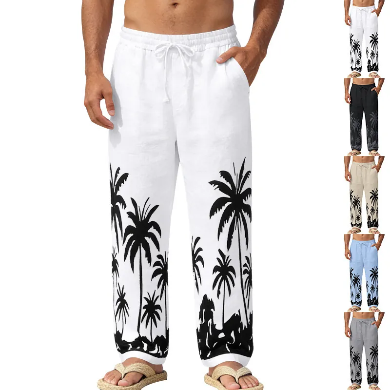 Men Casual Hawaiian Beach Pants Linen Blend Tropical Palm Tree Print Straight Leg Trousers Drawstring Elastic Waist Vacation Summer