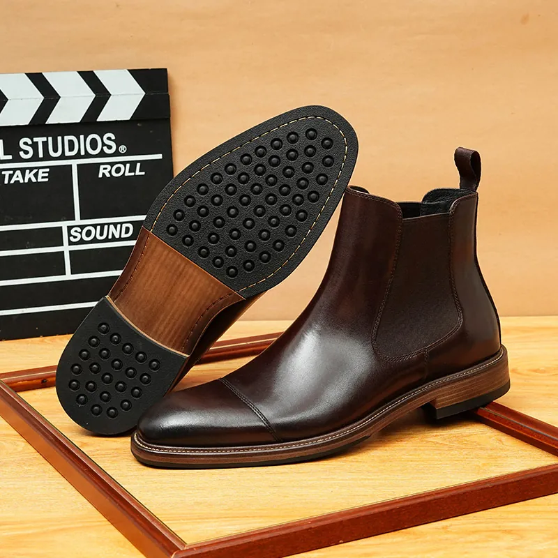 Herren Business Mode Oberste Schicht Rindsleder Chelsea-Stiefel Vintage Spitze Kappe Cap-Toe Britischer Stil Rutschfeste Winter Formelle Stiefeletten