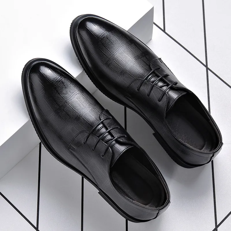 Chaussures de Ville Business pour Hommes Bout Pointu à Lacets Chaussures de Mariage Formelles Style Coréen Cuir Recyclé Texture Crocodile Noir