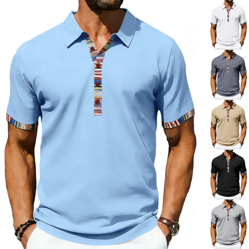 Men Navajo Style Color Block Polo Shirt Short Sleeve Lapel Casual Breathable Polyester Ethnic Printed Summer Fashion Top