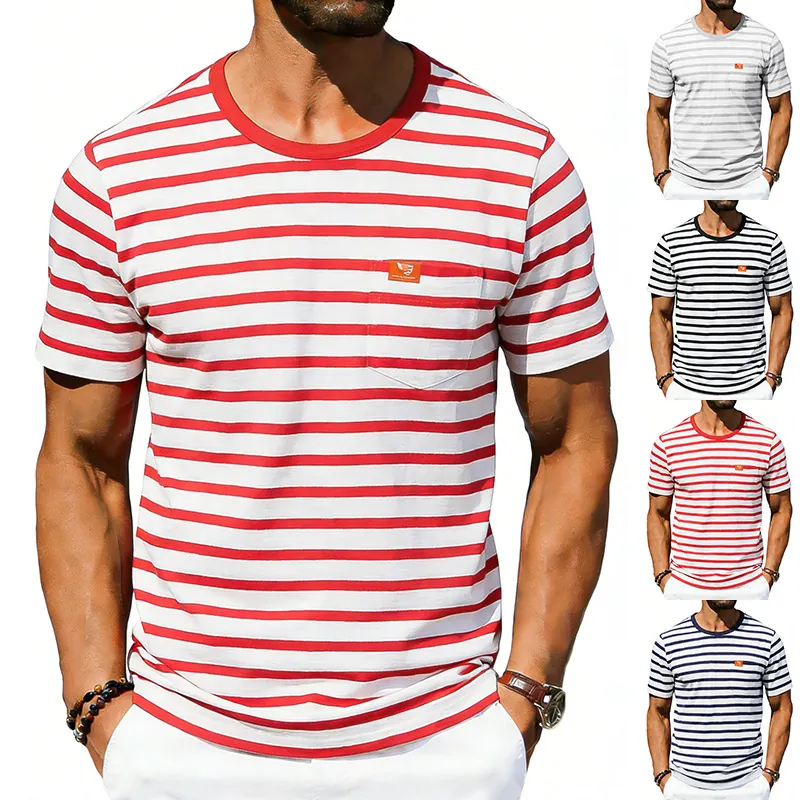 Men American Vintage Oversized T-Shirt Crew Neck Short Sleeve Top With Chest Pocket Striped Solid Polyester Spandex Tee