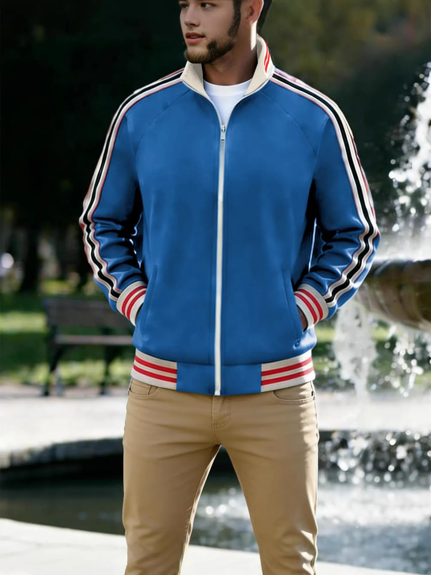 Men's Casual Sporty Stand Collar Jacket Striped Webbing Long Sleeve Zipper Sweatshirt For Autumn Winter Outerwear