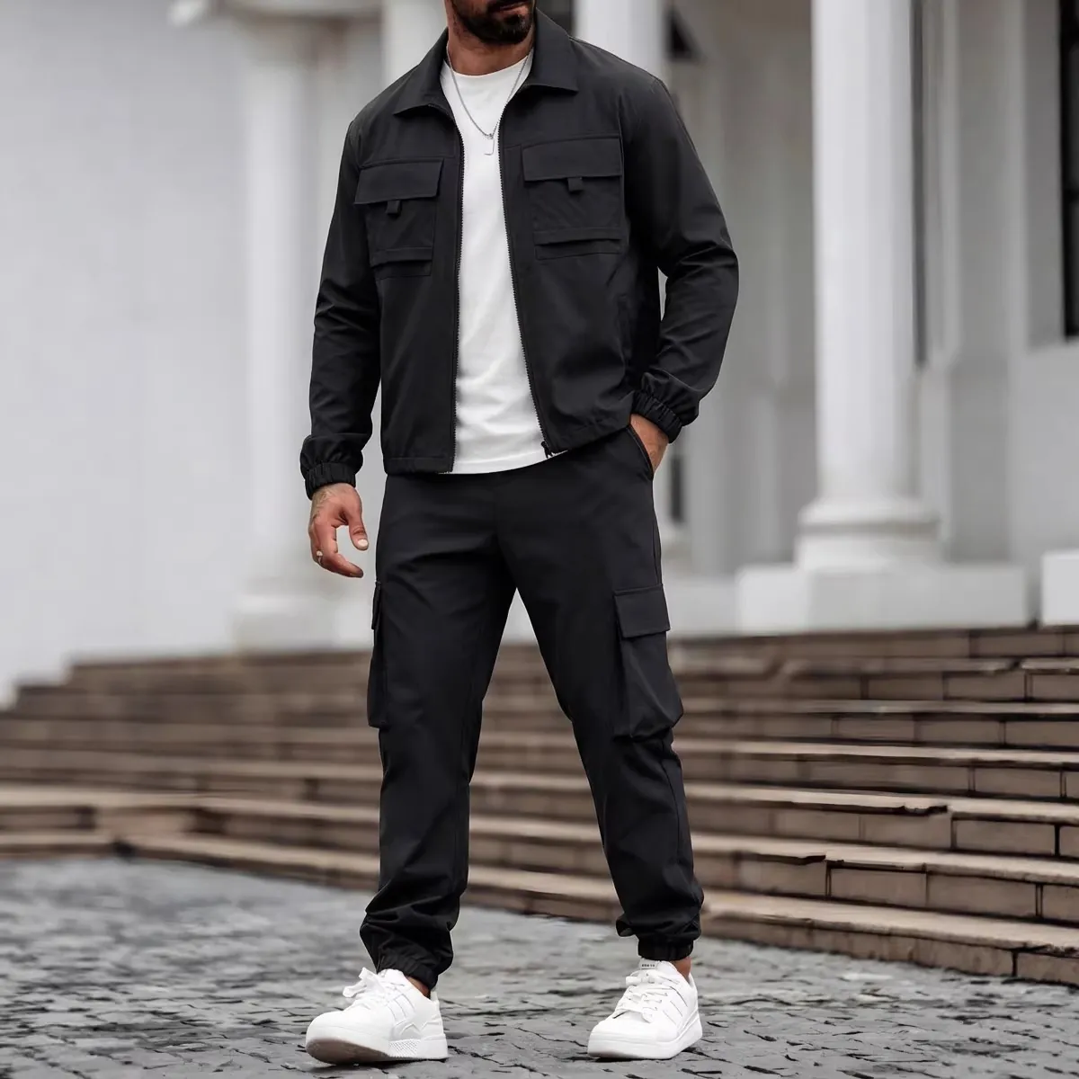 Herren Cargo-Arbeitskleidung Jacke Und Hose Top Und Bottom Set Einfarbig Polyester Reißverschluss Casual Outdoor Frühling Herbst Kleidung
