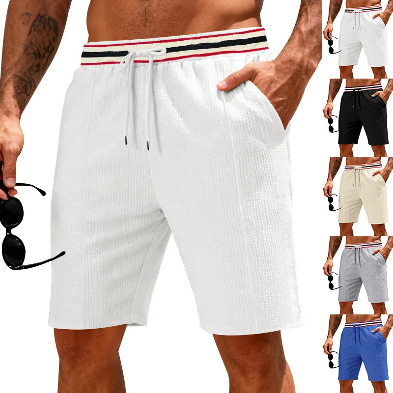 Waffle Texture Men's Quick Dry Sports Shorts Loose Breathable Running Training Bottom With Striped Drawstring Waistband Vacation Shorts
