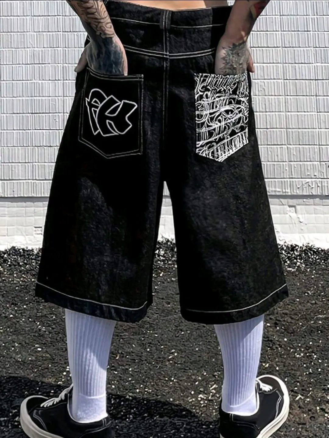Herren Amerikanische Retro Bestickte Jeans Sommer Hip Hop Weites Bein 3/4 Denim Hose Kontrastnähte Baggy Kurze Hose