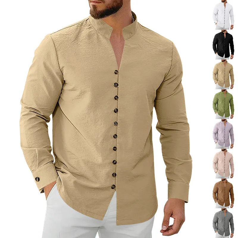 Men Stand Collar Long Sleeve Shirt American Casual Ethnic Style Top Polyester Solid Color Non-Iron Fashion Apparel