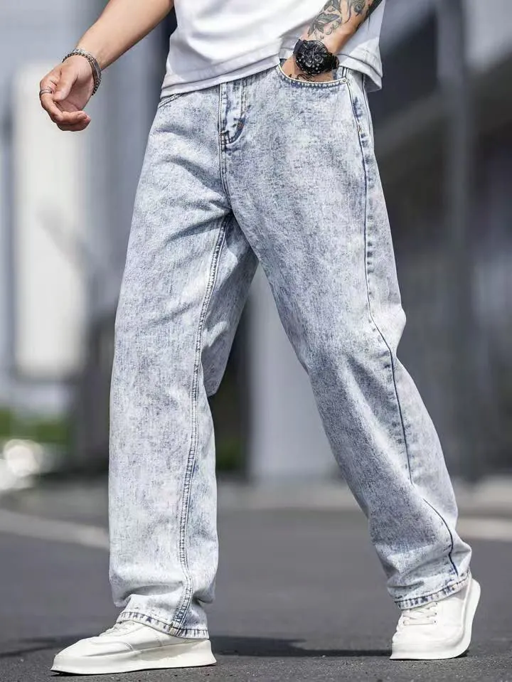Men's Sky Blue Snow Wash Cotton Jeans Loose Straight Leg Elastic Denim Pants Casual Four Seasons Streetwear Trousers